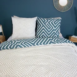 Parure de lit 240x220 cm pur coton PHOSY motif géométrique bleu 3 pièces>Linnea