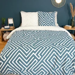 Parure de lit 240x220 cm pur coton PHOSY motif géométrique bleu 3 pièces><noscript><img data-lazyloaded=