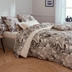 Parure de lit 200x200 cm taies 50x70 cm percale de coton ALBA beige/noir 3 pièces>Linnea Discount