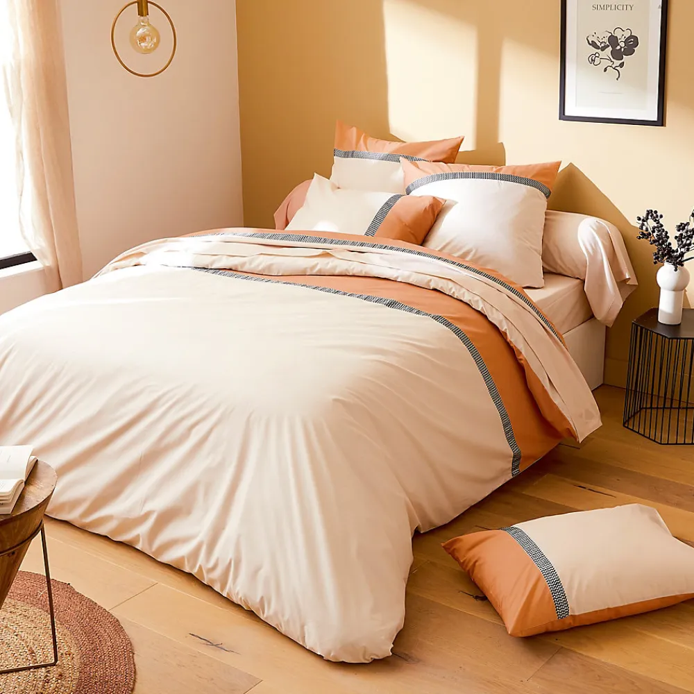 Parure de lit 200x200 cm 65x65 cm percale MACASSAR Cognac 3 pièces>Linnea Discount