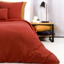 Parure 140x200 cm double gaze de coton GAZGAZ rouge ocre 2 pièces>Linnea Discount