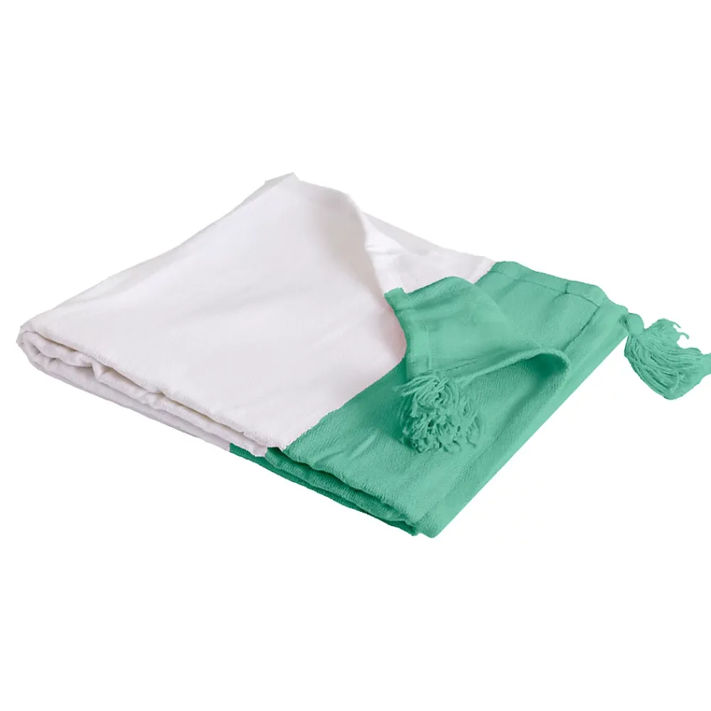 Sacasa Plaid coton vert et blanc avec pompons 180x220cm SLAVIA -* Boutis, Couvre-Lit, Édredon
