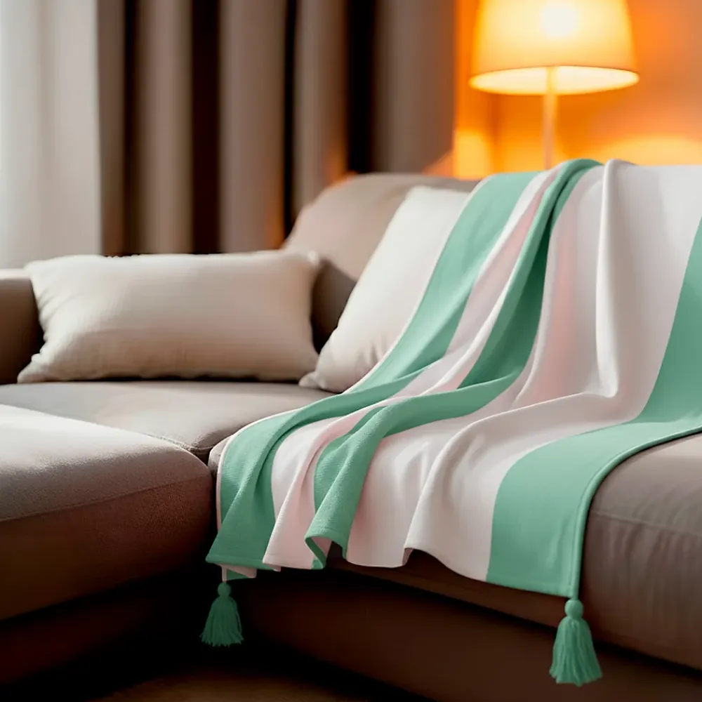 Sacasa Plaid coton vert et blanc avec pompons 180x220cm SLAVIA -* Boutis, Couvre-Lit, Édredon