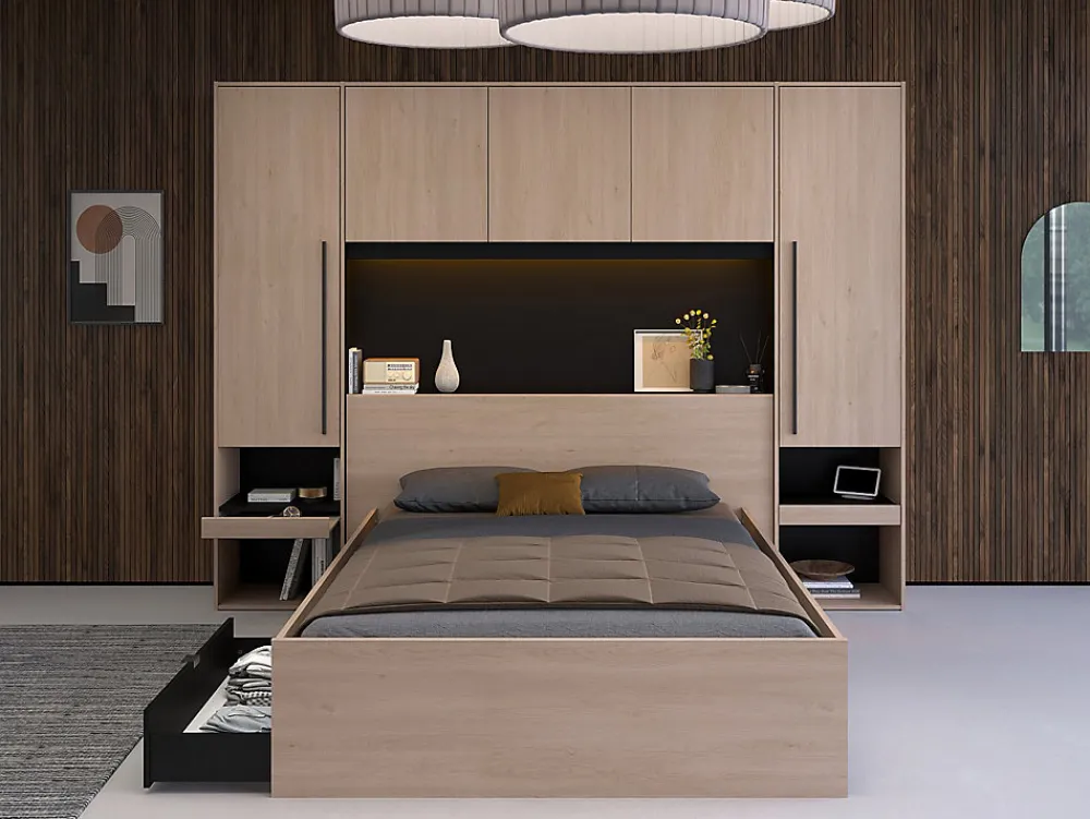 Pont de lit avec rangements - Avec LEDs - L265 cm - Coloris : Naturel et noir - VELONA>Vente-unique