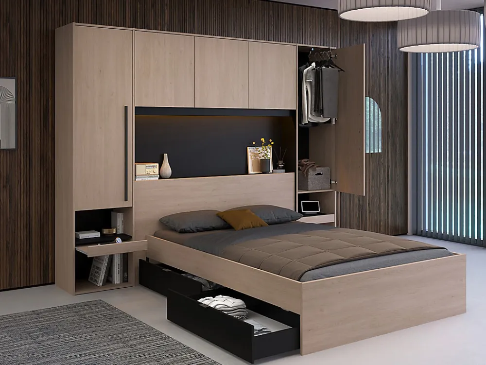 Pont de lit avec rangements - Avec LEDs - L265 cm - Coloris : Naturel et noir - VELONA>Vente-unique