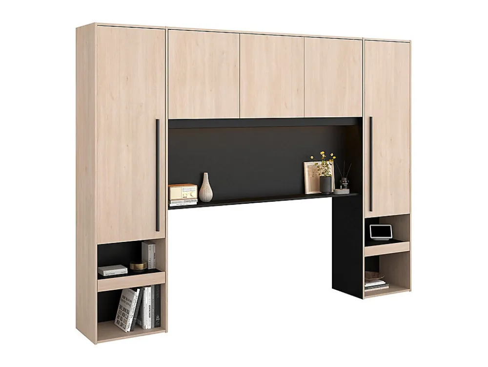 Pont de lit avec rangements - Avec LEDs - L265 cm - Coloris : Naturel et noir - VELONA>Vente-unique