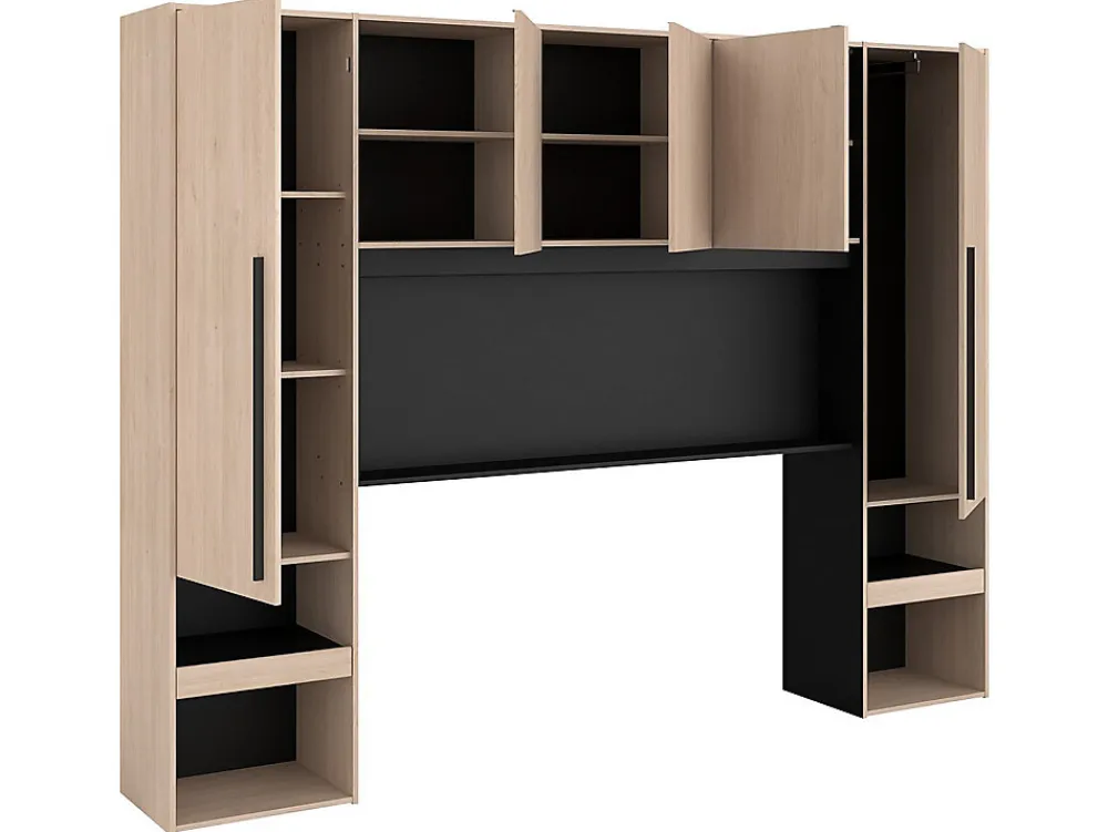 Pont de lit avec rangements - Avec LEDs - L265 cm - Coloris : Naturel et noir - VELONA>Vente-unique