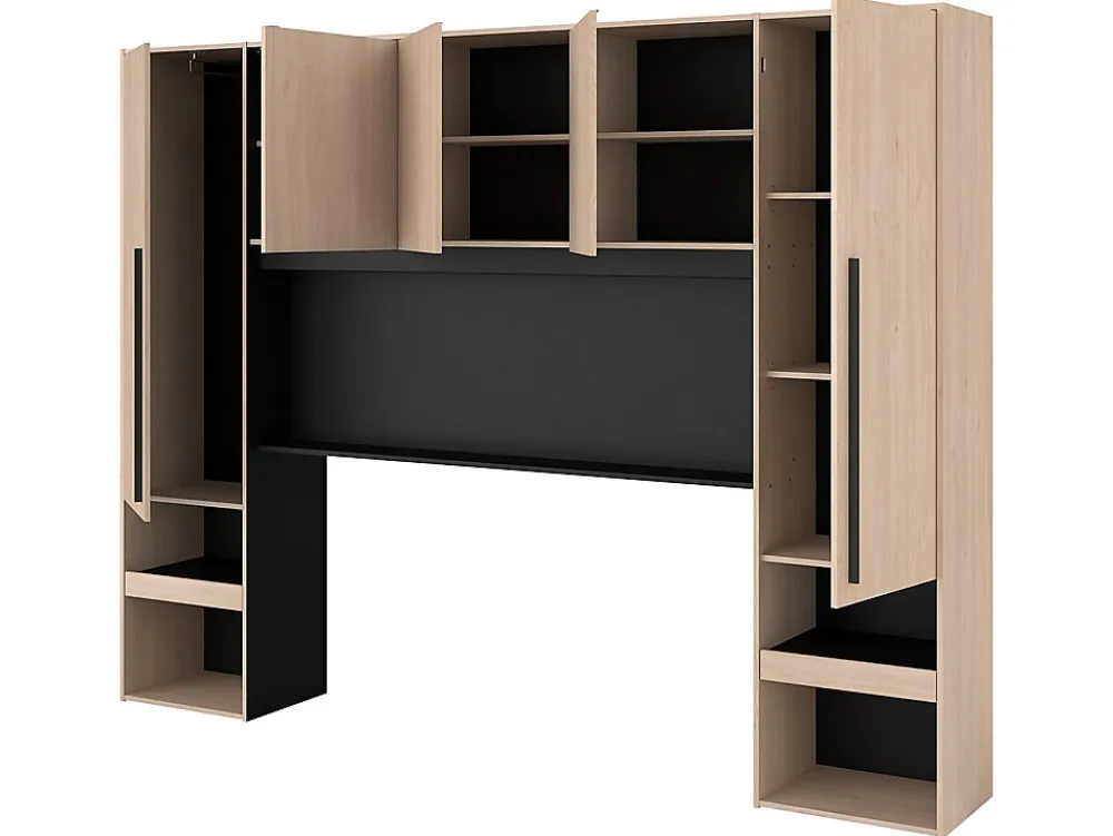 Pont de lit avec rangements - Avec LEDs - L265 cm - Coloris : Naturel et noir - VELONA>Vente-unique