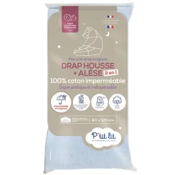 Protège Matelas Bébé 2 en 1 - Alèse + Drap Housse - 100% Coton - Imperméable et Respirant - Silencieux - Oeko Tex - Gris>P’Tit Lit Clearance