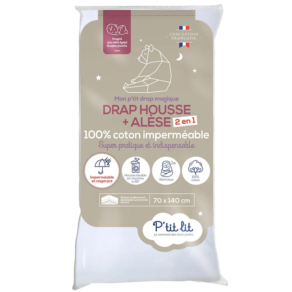 Protège Matelas Bébé 2 en 1 - Alèse + Drap Housse - 100% Coton - Imperméable et Respirant - Oeko Tex - Blanc>P’Tit Lit Clearance