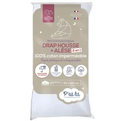 P’Tit Lit Protège Matelas Bébé 2 en 1 - Alèse + Drap Housse - 100% Coton - Imperméable et Respirant - Silencieux - Oeko Tex - Blanc* Protège Matelas