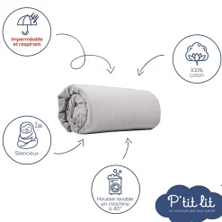 P’Tit Lit Protège Matelas Bébé 2 en 1 - Alèse + Drap Housse - 100% Coton - Imperméable et Respirant - Silencieux - Oeko Tex - Gris* Protège Matelas