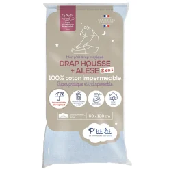 P’Tit Lit Protège Matelas Bébé 2 en 1 - Alèse + Drap Housse - 100% Coton - Imperméable et Respirant - Silencieux - Oeko Tex - Gris* Protège Matelas