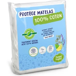 Protège Matelas 140x190 cm - Molleton 100% Coton - Traitement Végétal Anti-Acariens Greenfirst>Sweetnight