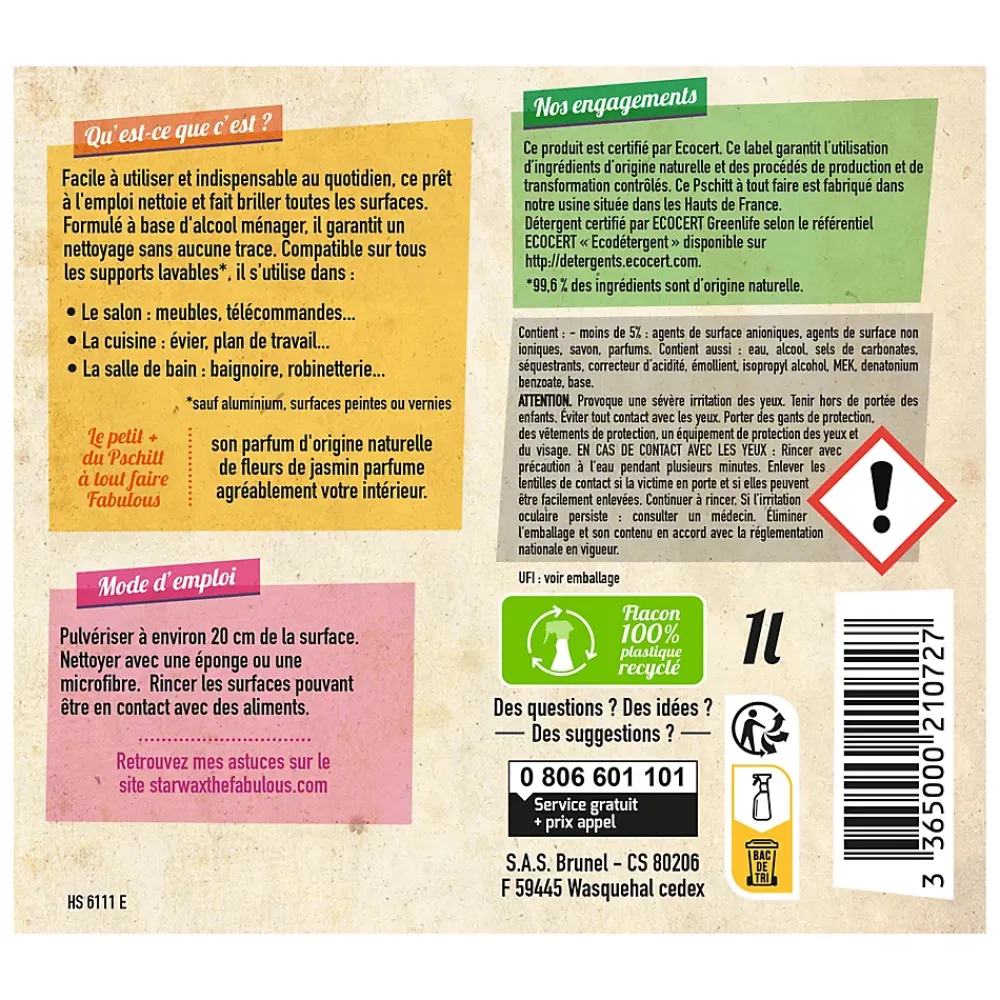Starwax Pschitt à tout faire nettoyant multi-usages à l'alcool ménager The fabulous 1L* Produit Multi-Usages