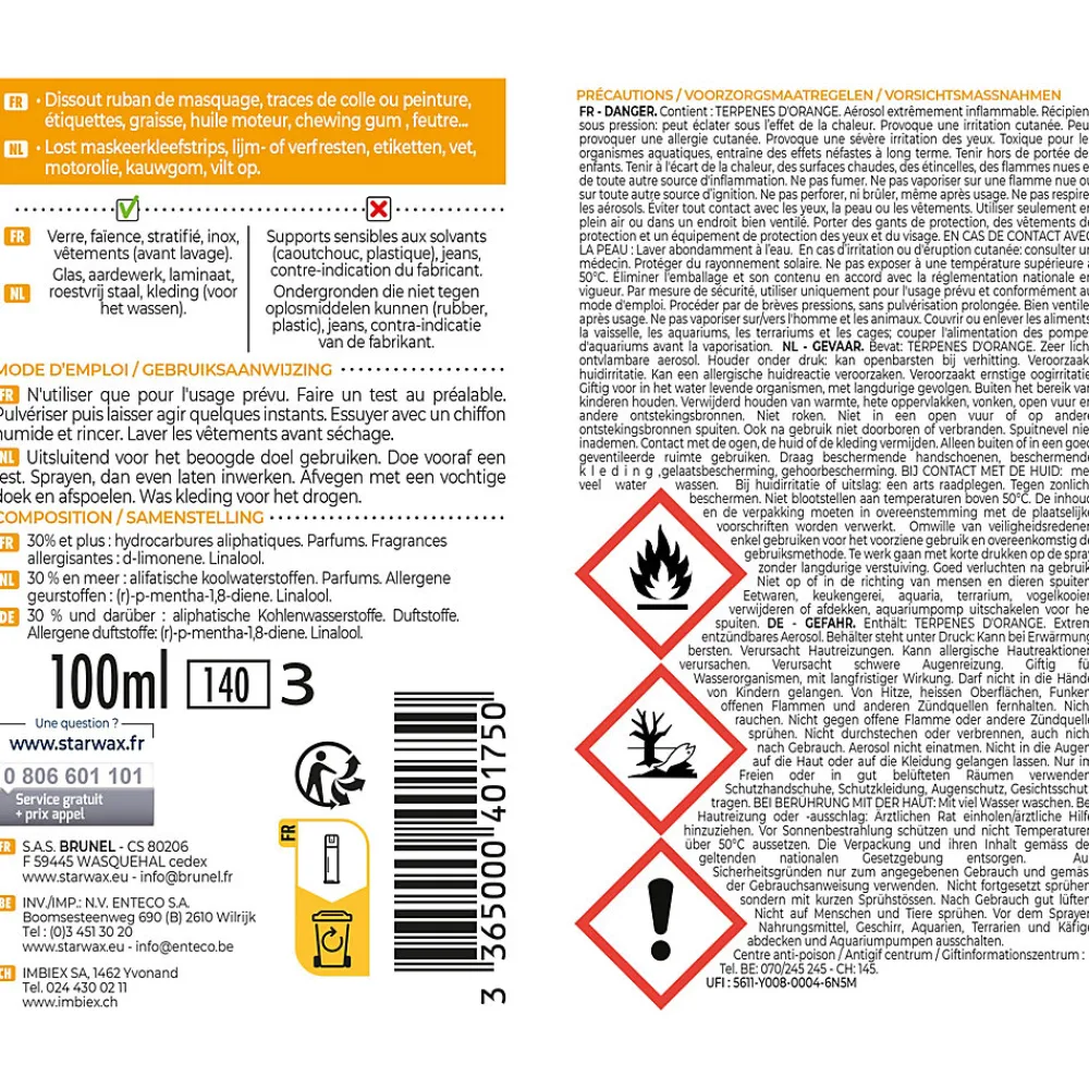 Starwax Pulvérisateur détache et décolle tout 100ml,* Produits De Gros Lessivage