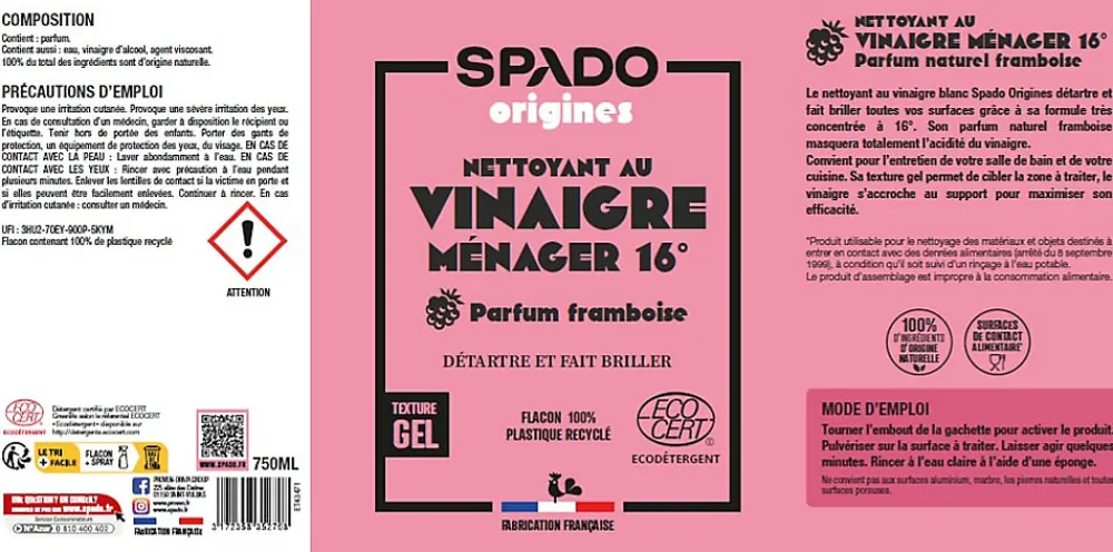 Pulvérisateur vinaigre blanc gel concentré Spado Origines framboise 16° 750 ml>Gloss Outlet