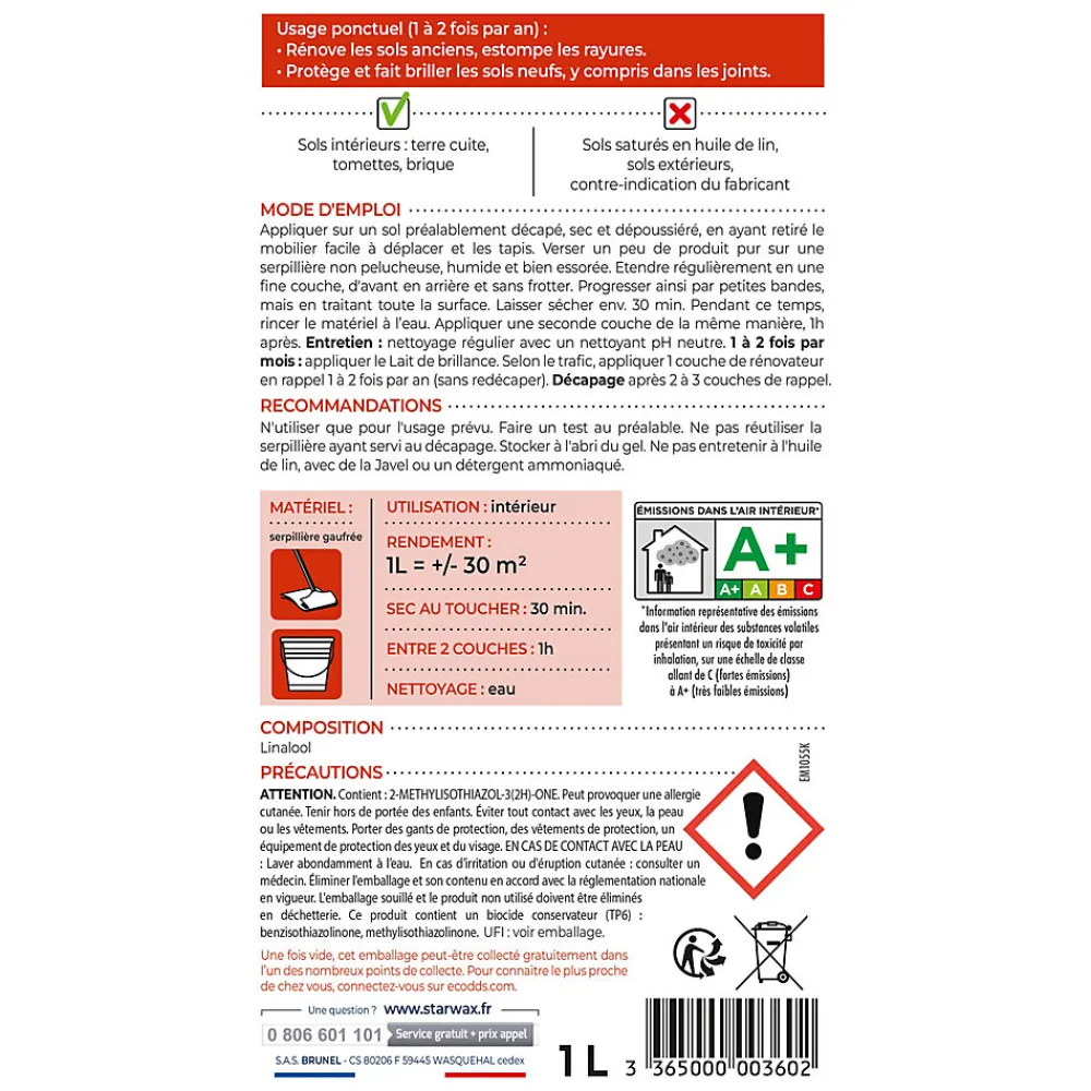 Starwax Rénovateur brillant protecteur tomettes et terres cuites 1L* Nettoyant Et Entretien Pour Sol