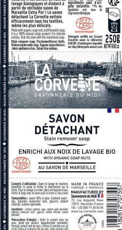 Savon de Marseille détachant enrichi aux noix de lavage bio Savonnerie du midi 250g>La Corvette Discount