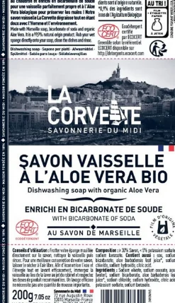 La Corvette Savon vaisselle à l'aloe vera bio au savon de Marseille Savonnerie du midi 200 g* Nettoyant Pour Cuisine