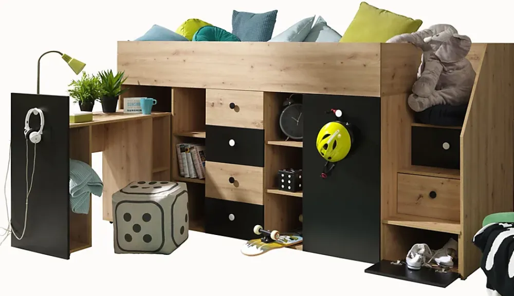 Abiks Meble SMART 3P Lit superposé 248,5/123/93 (artisan/noir)*Enfant Lit Enfant