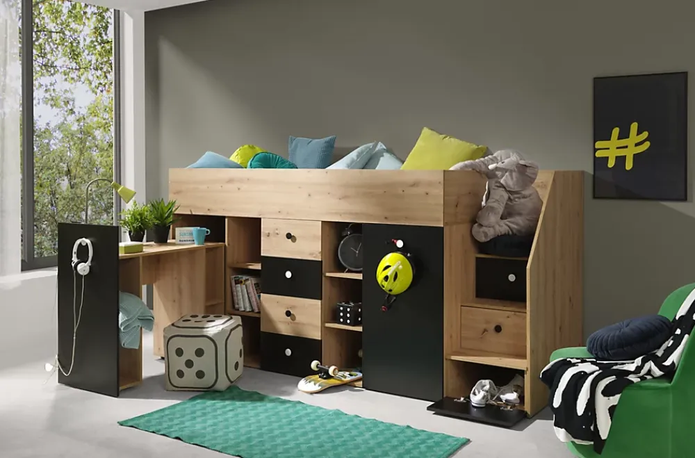 Abiks Meble SMART 3P Lit superposé 248,5/123/93 (artisan/noir)*Enfant Lit Enfant
