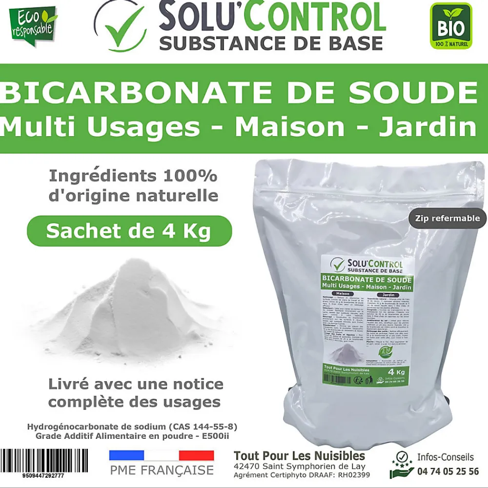 SOLU'CONTROL - 4 Kg de Bicarbonate de Soude Multi Usages, Maison et Jardin, 100% Naturel, Sachet Zip refermable>Tout Pour Les Nuisibles Discount