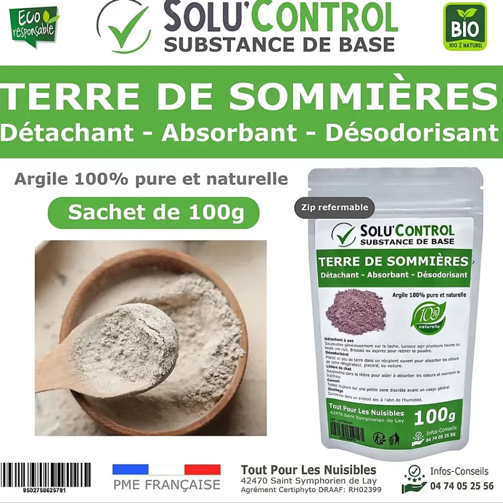 Tout Pour Les Nuisibles SOLU'CONTROL - Terre de Sommières 100g - Détachant Naturel et Absorbant - Élimine les Odeurs d'Urine, Litière de Chat, Tapis* Entretien Du Textile