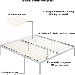 Monmobilierdesign Sommier à Lattes Avec Pieds En Acier Robuste 160x200 Cm Blanc* Sommier