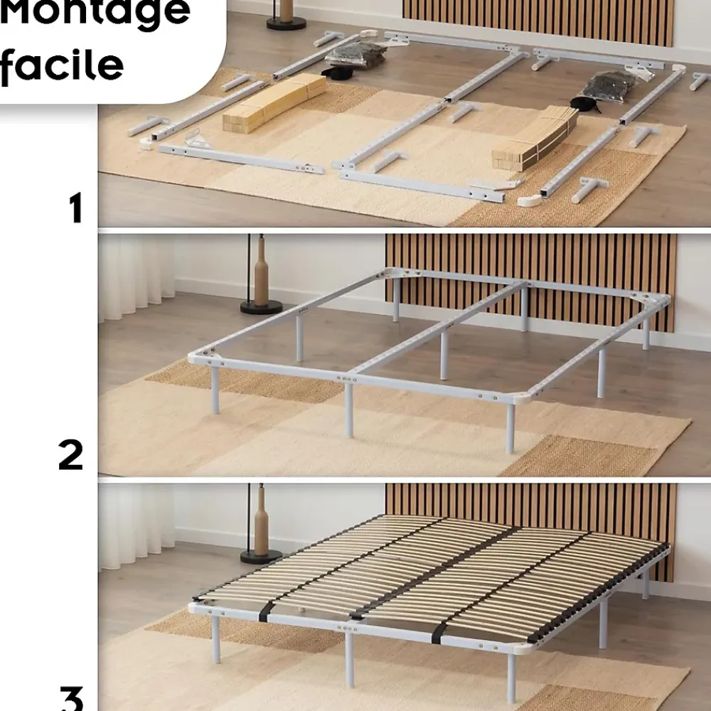 Monmobilierdesign Sommier à Lattes En Acier Avec Bande Stabilisatrice Blanc 180x200 Cm Avec Pieds* Sommier