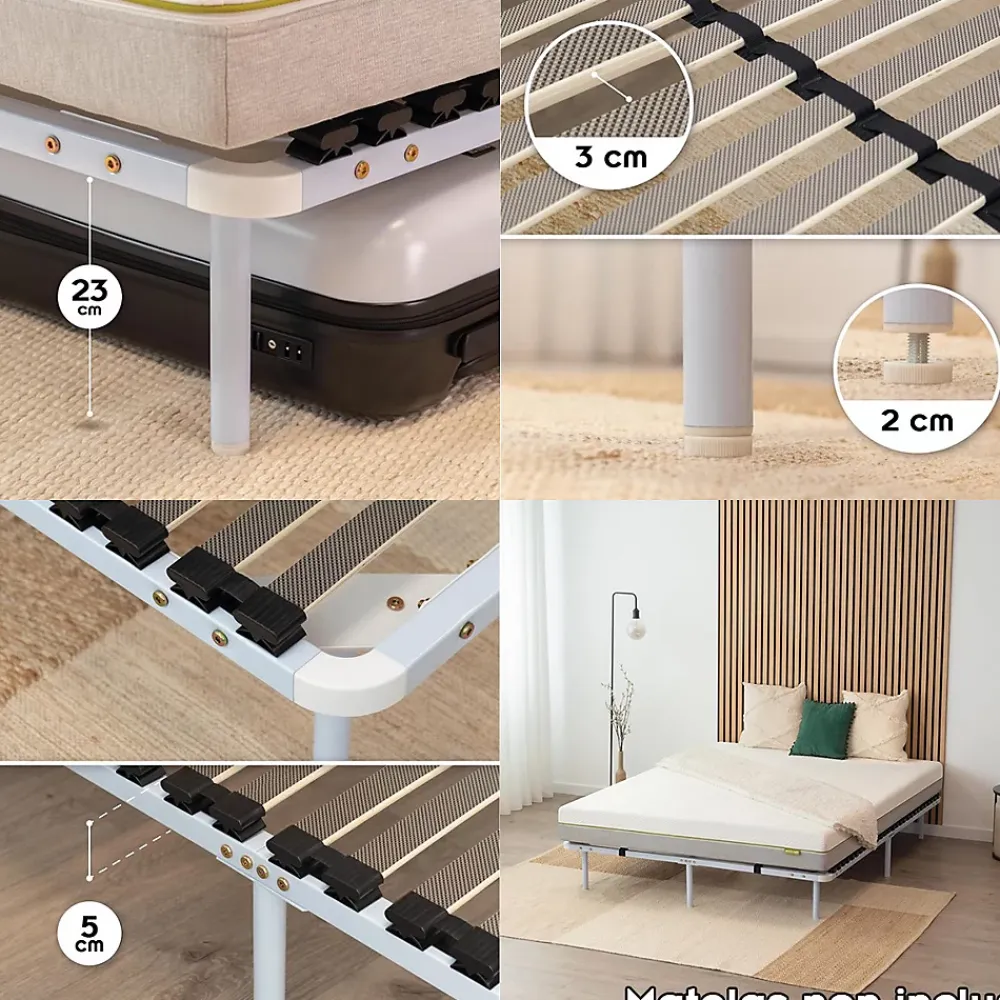 Monmobilierdesign Sommier à Lattes En Acier Avec Bande Stabilisatrice Blanc 180x200 Cm Avec Pieds* Sommier