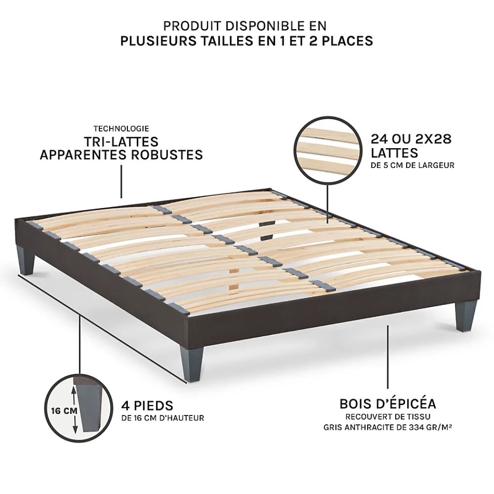 Olympe Literie Sommier à lattes en bois Kit15 120x190 cm Coloris Gris anthracite Livré en kit* Sommier