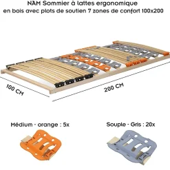 Monmobilierdesign Sommier à Lattes Ergonomique En Bois Avec Plots De Soutien 7 Zones De Confort 100x200 Cm* Sommier