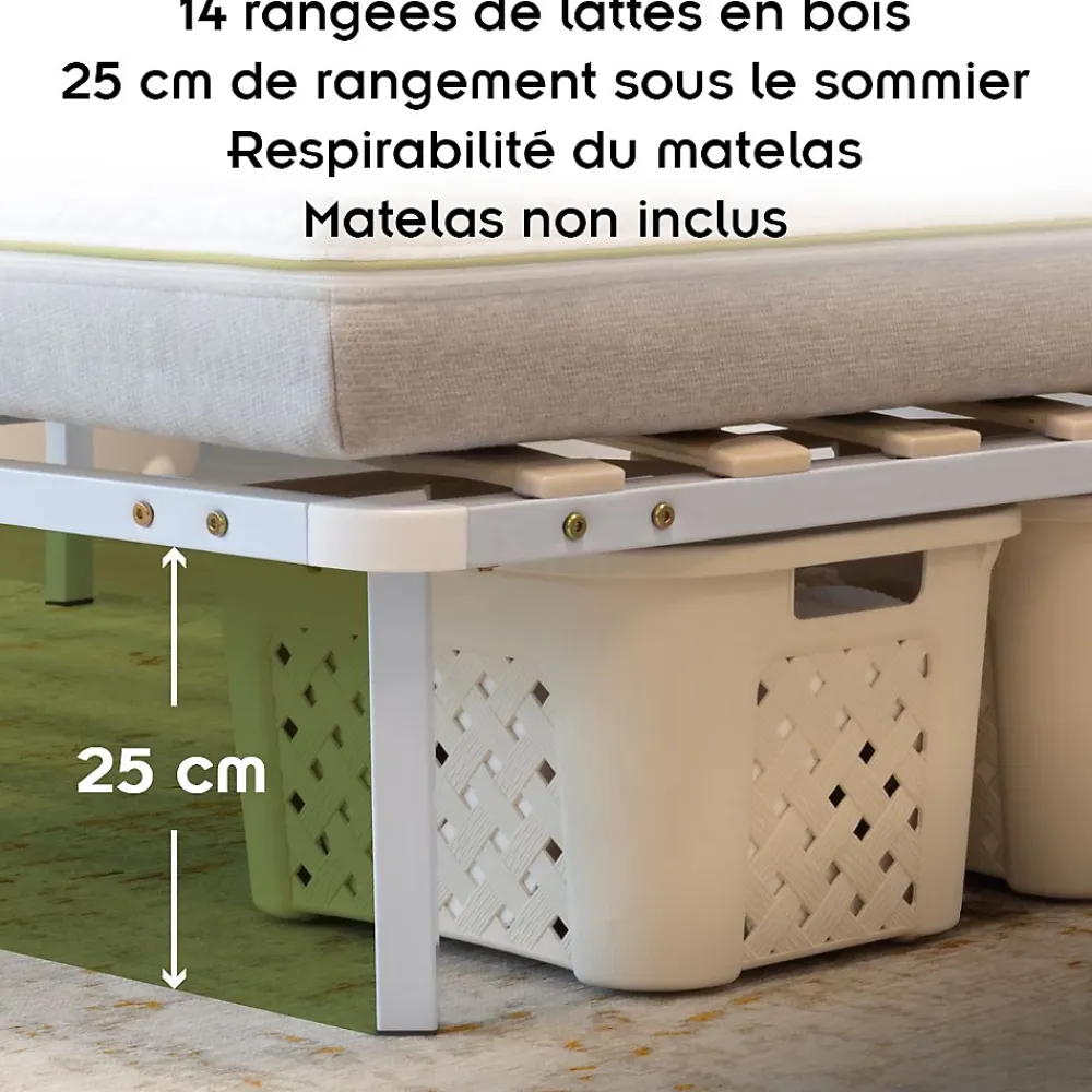 Monmobilierdesign Sommier à Lattes Robuste Avec Pieds En Acier - Montage Facile - 160x200 Cm Blanc* Sommier