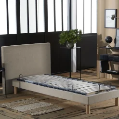 Sommier électrique relaxation lattes lisse beige 90x200><noscript><img width=