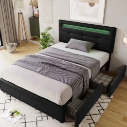 Sommier LED 2 Tiroirs 90x200cm Bois Tête Réglable Noir><noscript><img width=