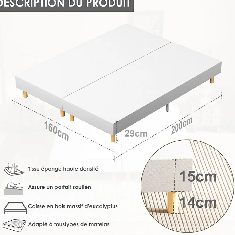 Sommier tapissé 160x200 cm(2x80x200), 12 pieds pour un maintien stable, hauteur 29 cm, housse amovible incluse>Teeno Online