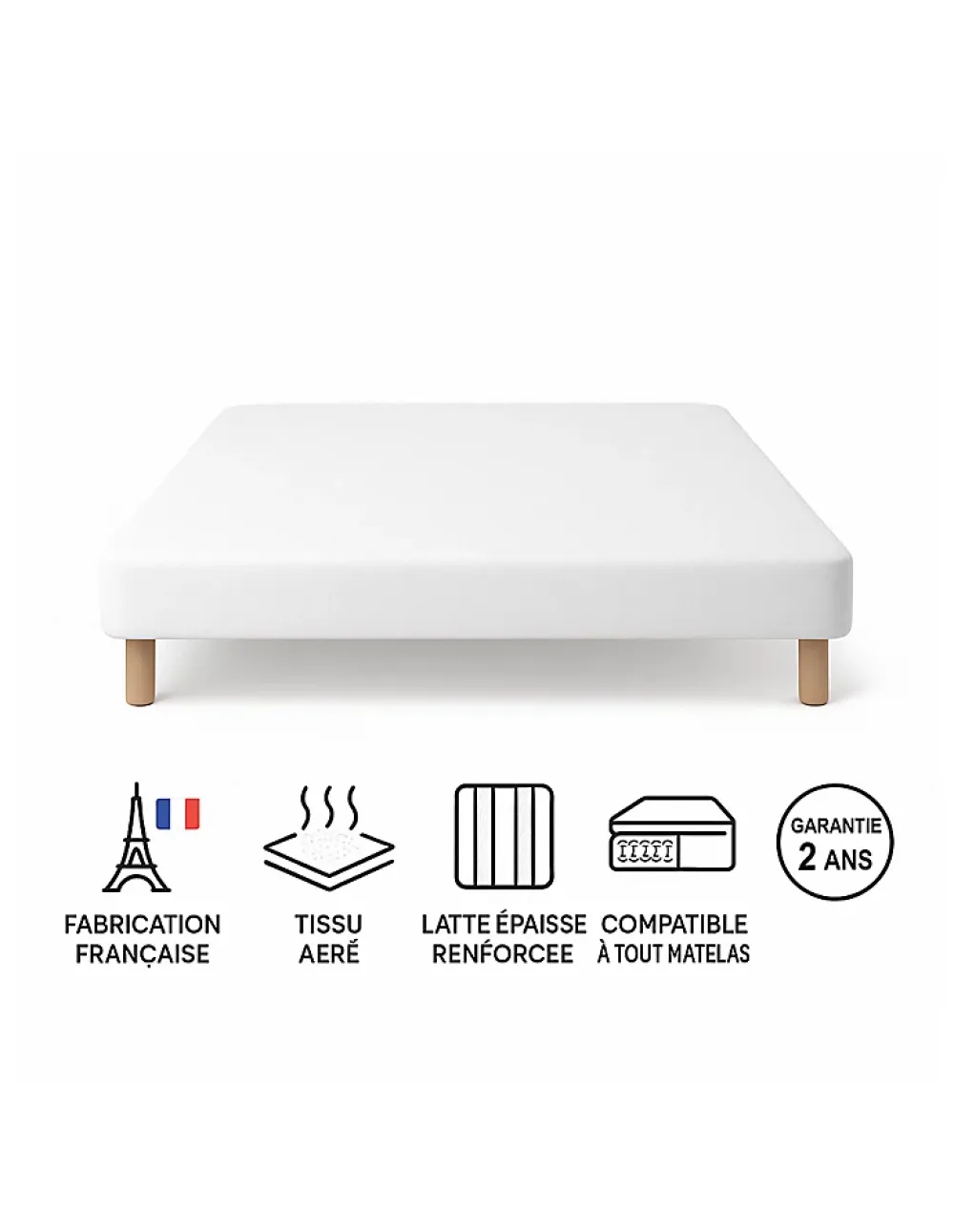 By Sommiflex. SOMMIER TAPISSIER BLANC 140x200 cm FABRICATION FRANÇAISE ARTISANALE PIEDS OFFERTS HAUTEUR avec PIEDS 27 cm* Sommier