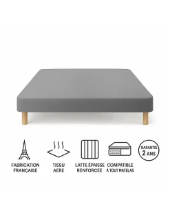 By Sommiflex. SOMMIER TAPISSIER GRIS 120x190 cm FABRICATION FRANÇAISE ARTISANALE PIEDS OFFERTS HAUTEUR avec PIEDS 27 cm* Sommier