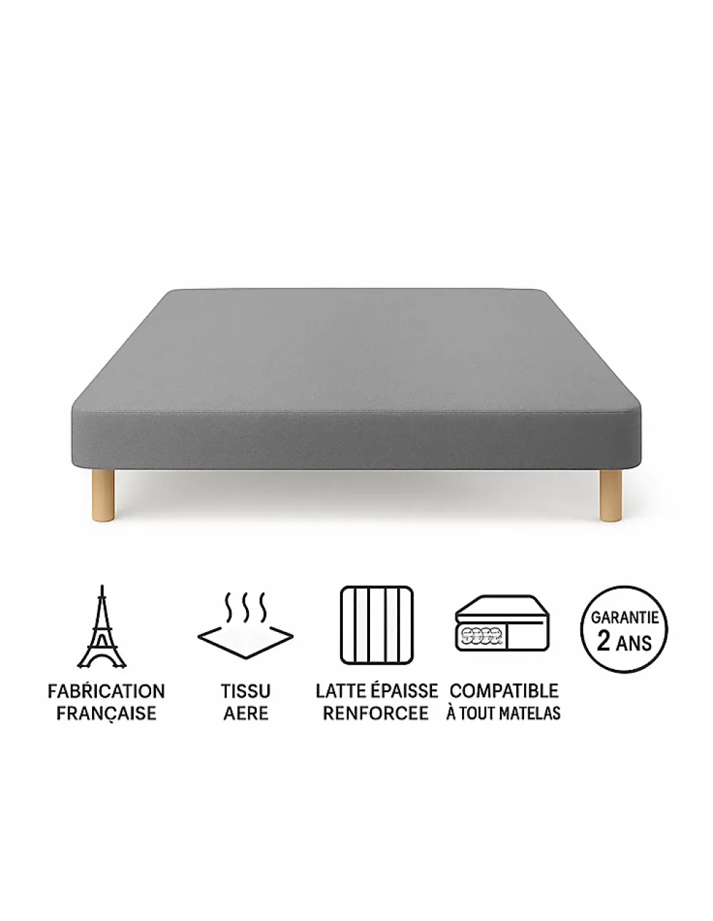 By Sommiflex. SOMMIER TAPISSIER GRIS 130x200 cm FABRICATION FRANÇAISE ARTISANALE PIEDS OFFERTS HAUTEUR avec PIEDS 27 cm* Sommier