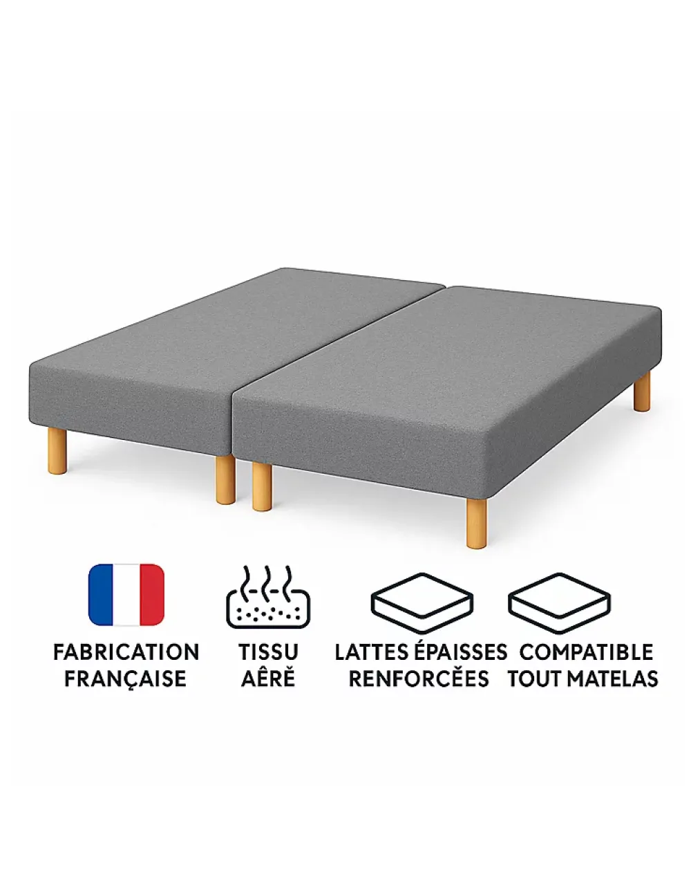 By Sommiflex. SOMMIER TAPISSIER GRIS 70x200x2 (140x200) FABRICATION FRANÇAISE ARTISANALE PIEDS OFFERTS HAUTEUR avec PIEDS 27 cm* Sommier
