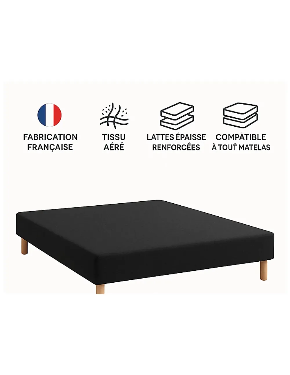 By Sommiflex. SOMMIER TAPISSIER NOIR 160x200 cm FABRICATION FRANÇAISE ARTISANALE PIEDS OFFERTS HAUTEUR avec PIEDS 27 cm* Sommier