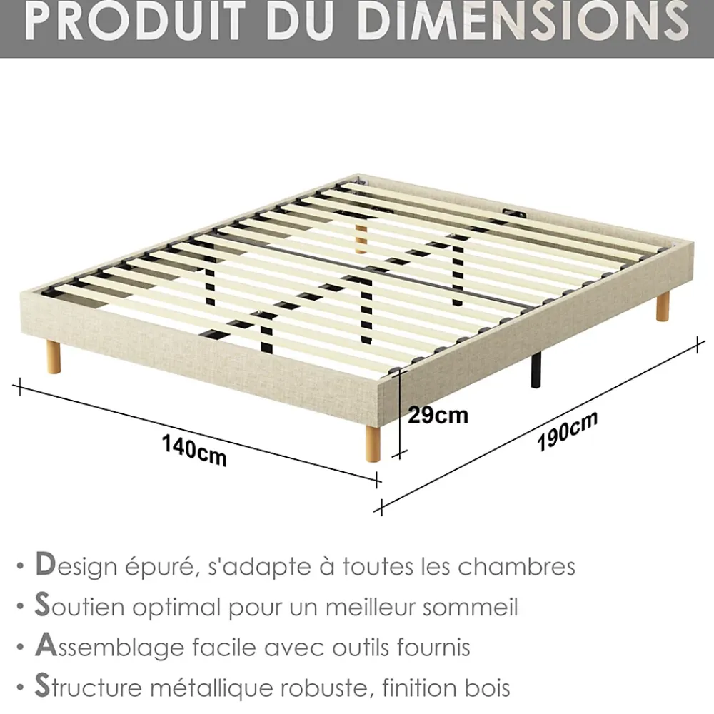 Teeno Sommier tapissier 140x190 cm 2x14 lattes, 9 pieds Hauteur du cadre 29 cm* Sommier