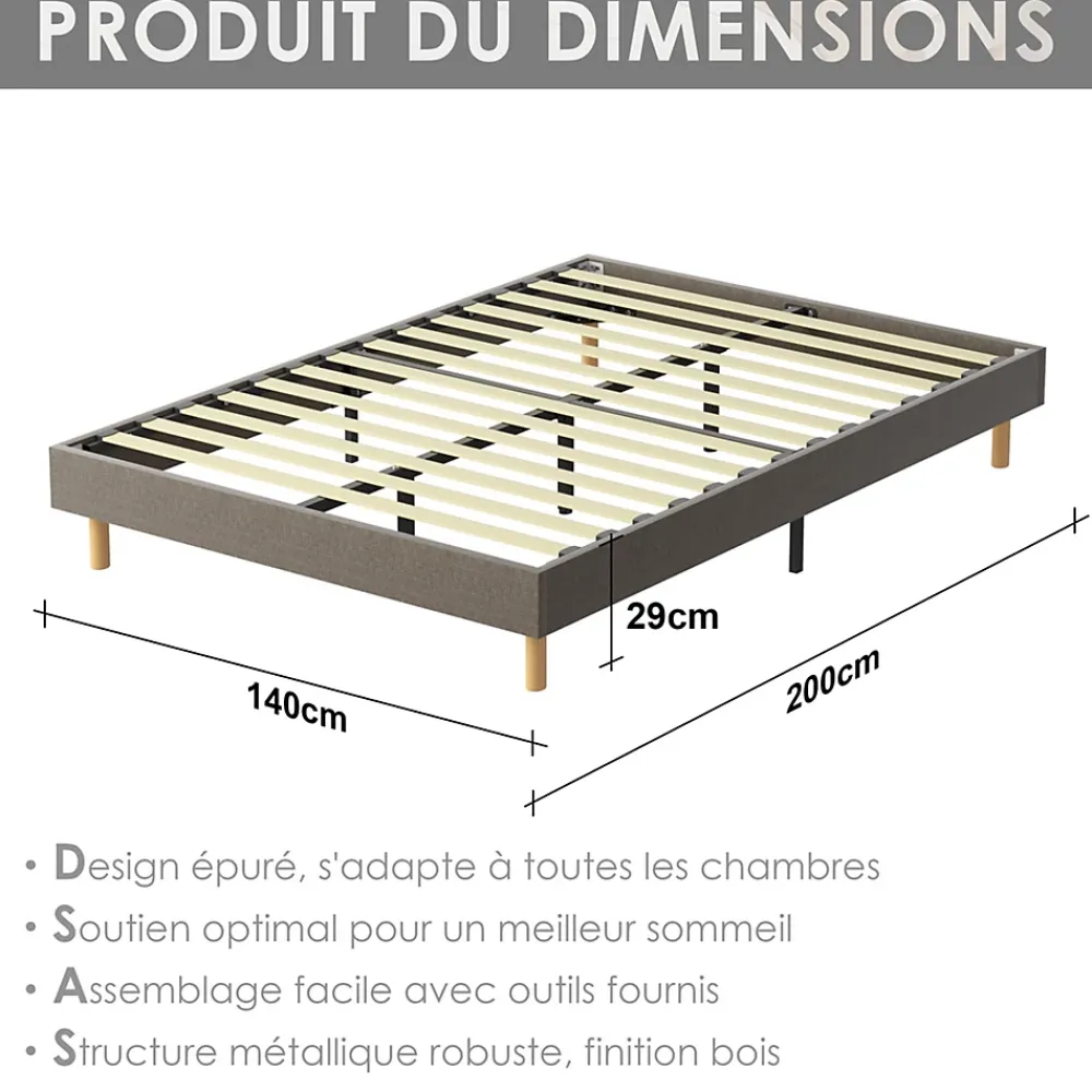 Teeno Sommier tapissier 140x200cm, 14 lattes, 9 pieds Hauteur du cadre 29 cm* Sommier