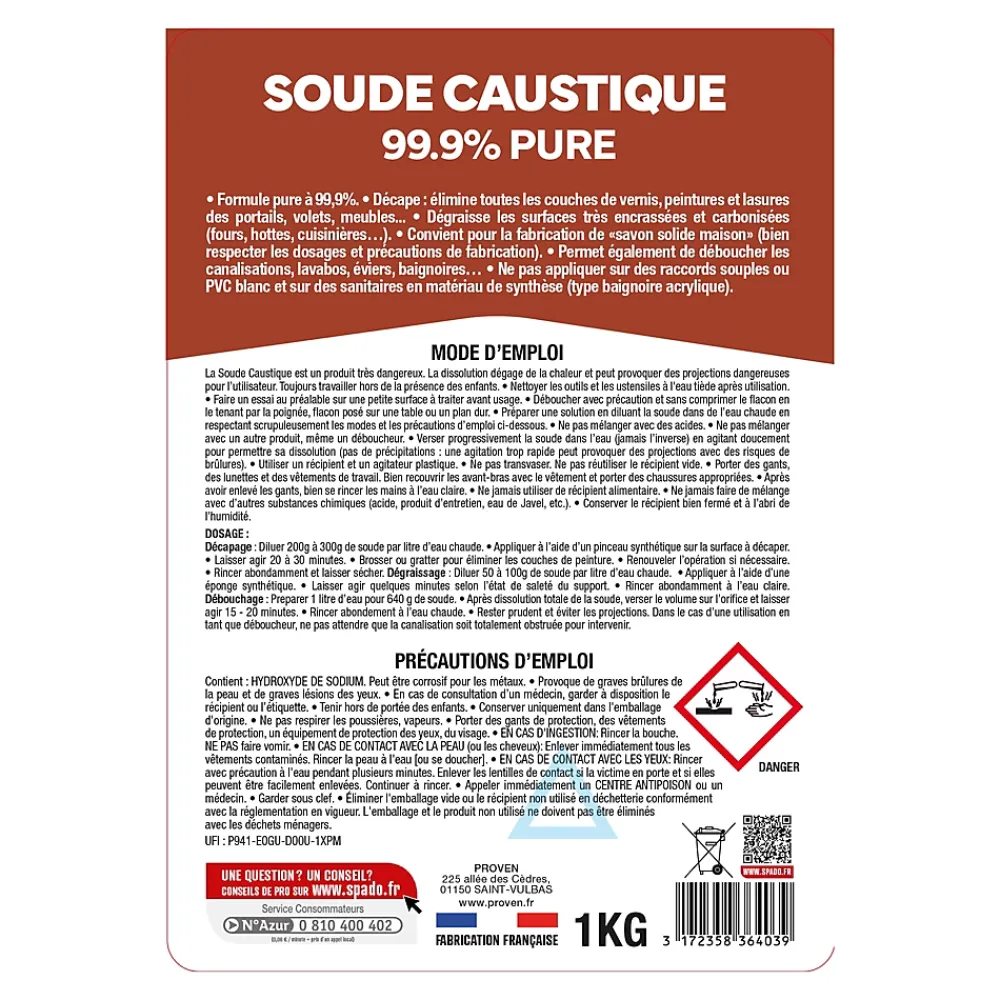 Spado Soude caustique formule pure 99,9% 1kg* Déboucheur