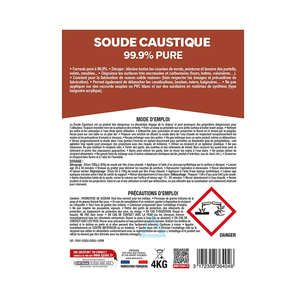 Spado Soude caustique formule pure 99,9% 4kg* Déboucheur