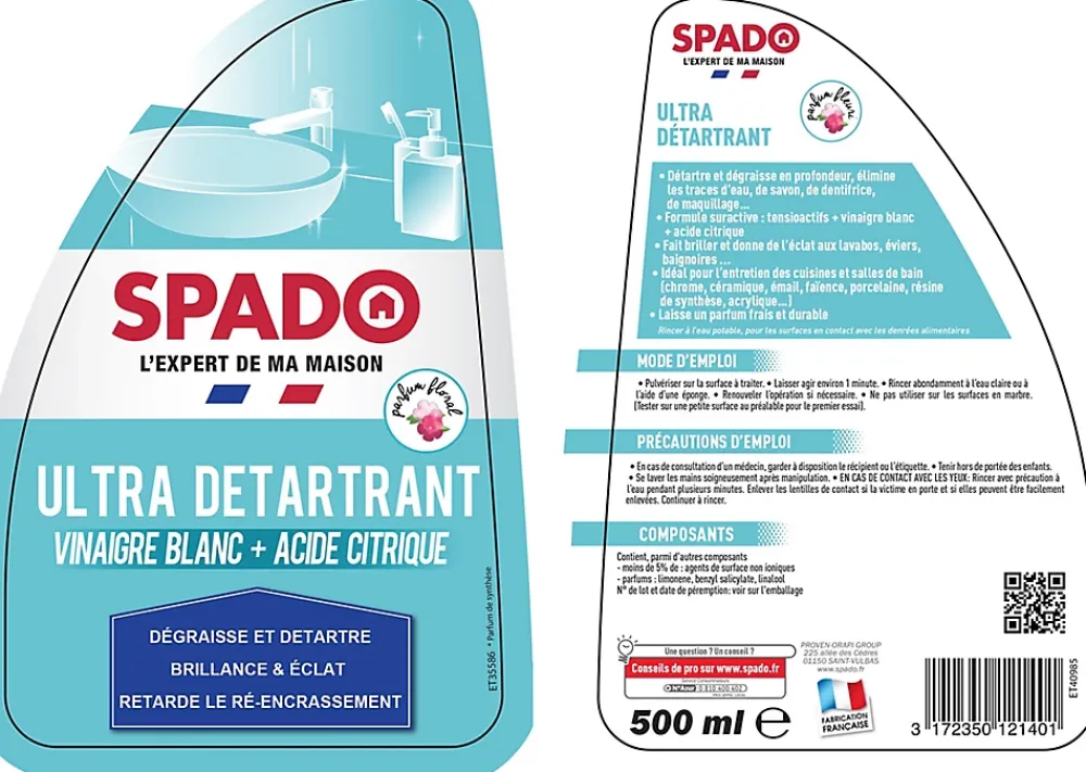Spado Spray nettoyant ultra détartrant vinaigre blanc 500ml* Nettoyant Pour Salle De Bains