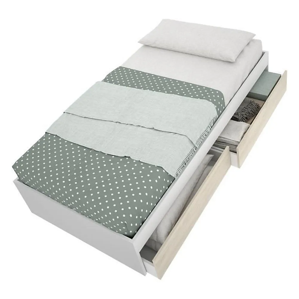 Generic Structure de lit - LAGO - 2 tiroirs - 90 x 190 cm - Blanc / Chene* Lit Simple