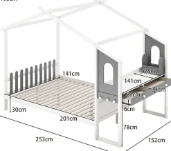 Structure de Lit 200x140CM avec Bureau Étude sur le Côté et 2 Tiroirs Aucun Sommier Nécessaire 253X102X193CM Blanc>Giantex Best