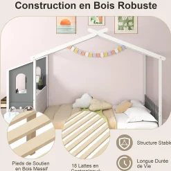 Structure de Lit 200x140CM avec Bureau Étude sur le Côté et 2 Tiroirs Aucun Sommier Nécessaire 253X102X193CM Blanc><noscript><img width=